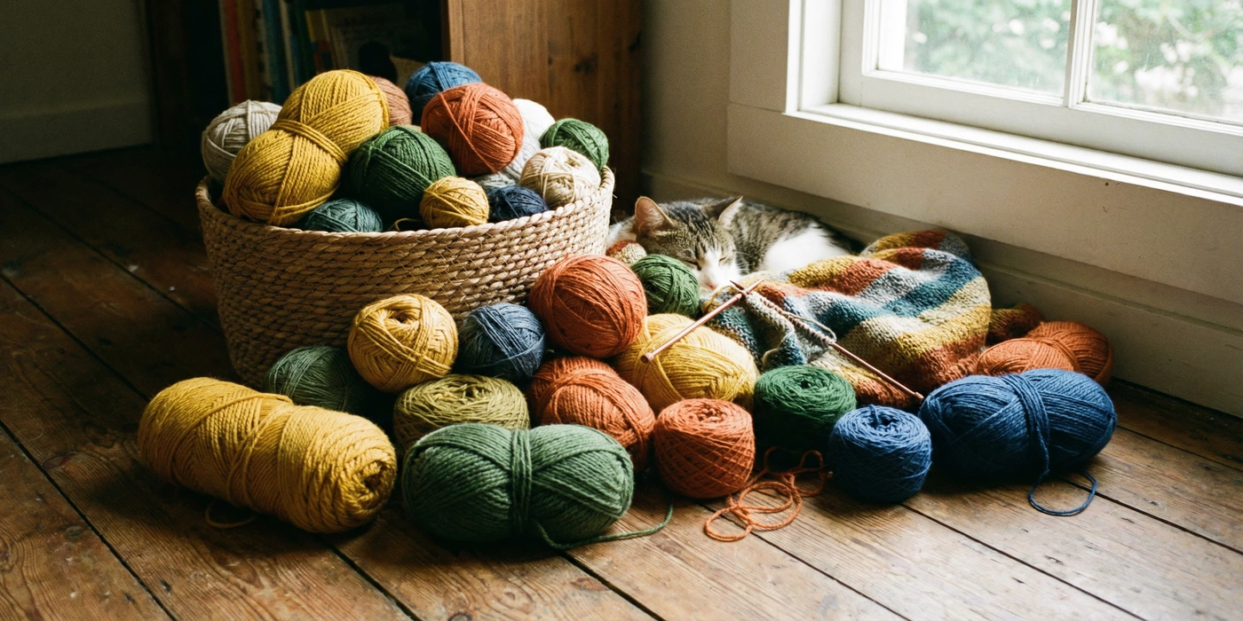 گربه در کنار نخ کاموا رنگی